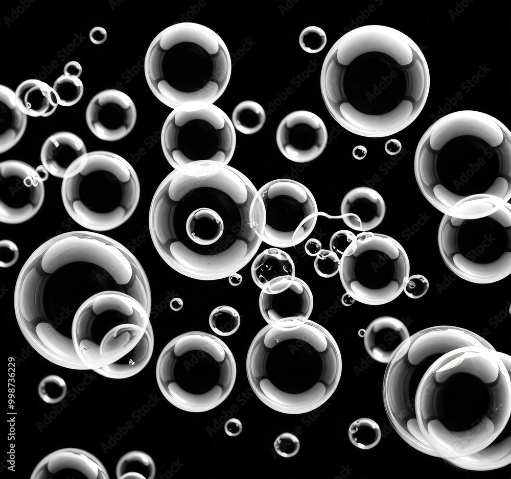 Aufkleber a collection of numerous transparent soap bubbles floating against a black background