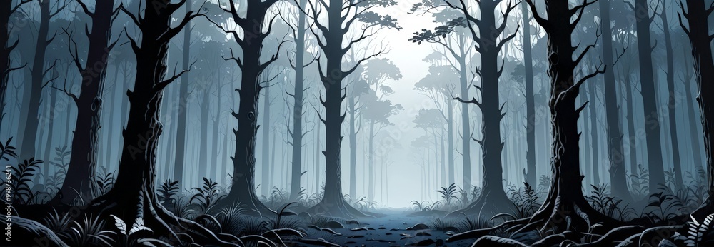 Poster a dark, foggy forest with tall, bare trees and a winding path leading through the undergrowth