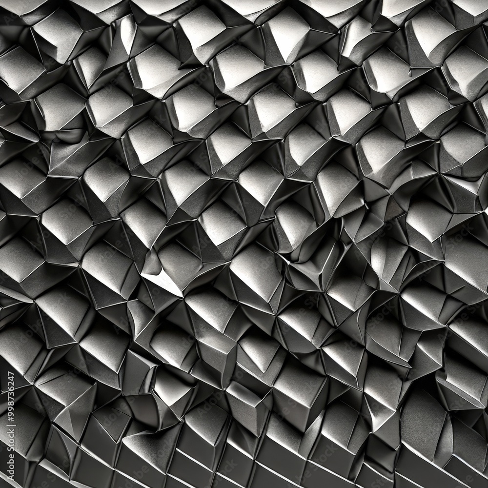 Poster a close-up view black and white geometric pattern composed of numerous overlapping triangular shapes, creating a visually striking and intricate design