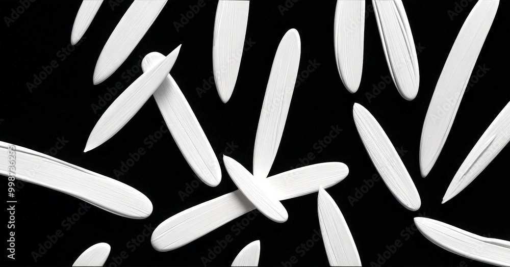 Poster a black and white photograph featuring a collection of white, elongated objects arranged in a scatte