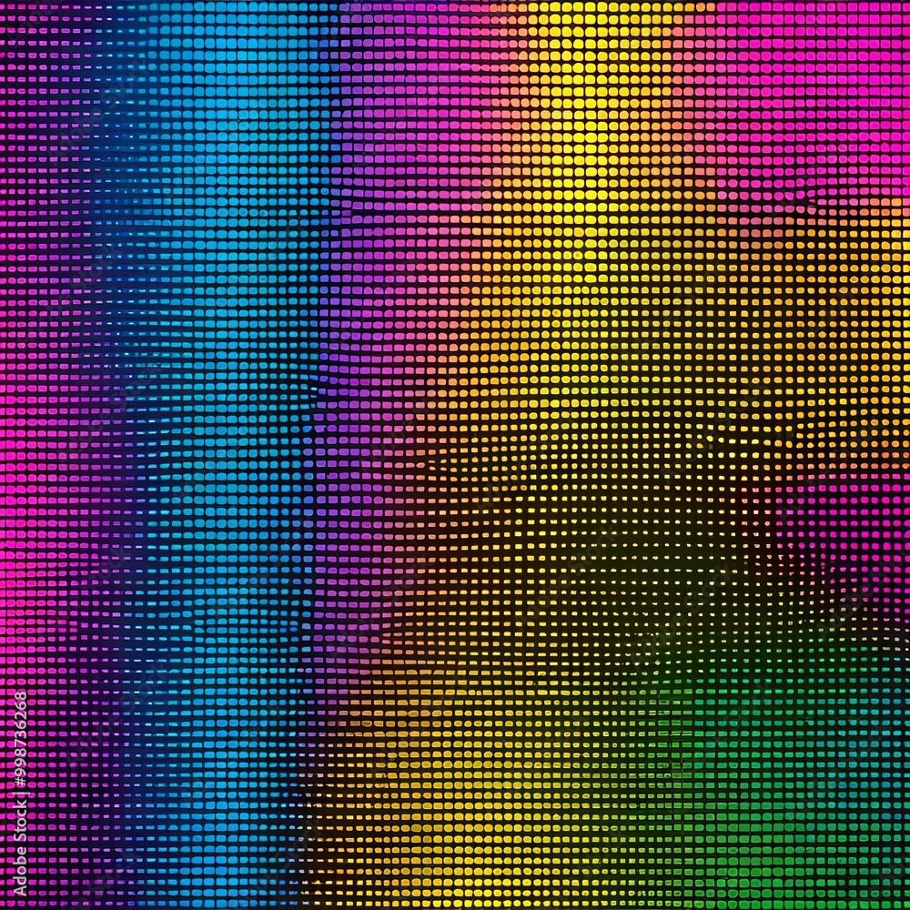 Poster a vibrant, abstract pattern composed of small, square dots in a variety of colors including blue, pink, yellow, and green The pattern is arranged in a diagonal line, creating