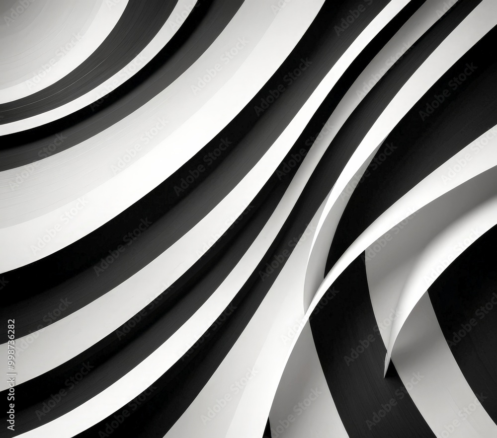 Fototapete a striking black and white abstract composition featuring curved lines and intersecting bands, creating a sense of dynamic movement and rhythm