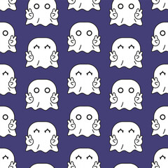 CUTE LITTLE GHOST WITH PEACE GESTURE SEAMLESS PATTERN