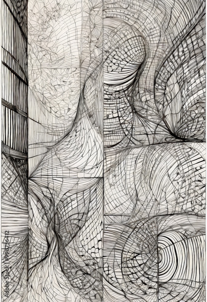 Aufkleber a black and white abstract artwork featuring a complex network of intersecting lines and shapes, creating a sense of depth and movement