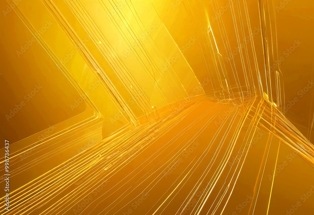 Poster a complex, abstract pattern of intersecting lines and curves, creating a sense of depth and movement The predominant color is a warm, golden hue, which is further enhanced by