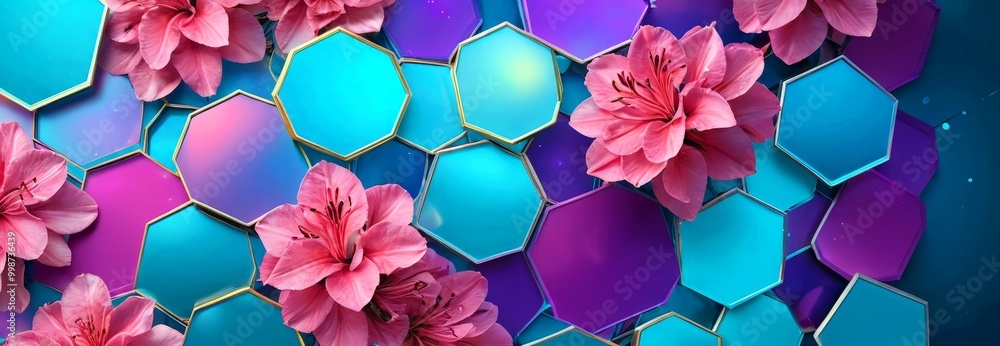 Poster a vibrant and abstract composition of pink and purple hexagonal shapes, with pink flowers in the center, creating a visually striking and dynamic scene