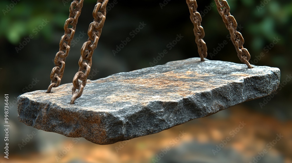 Poster close-up view of a weathered stone slab suspended by rusty chains, showcasing natural textures and c