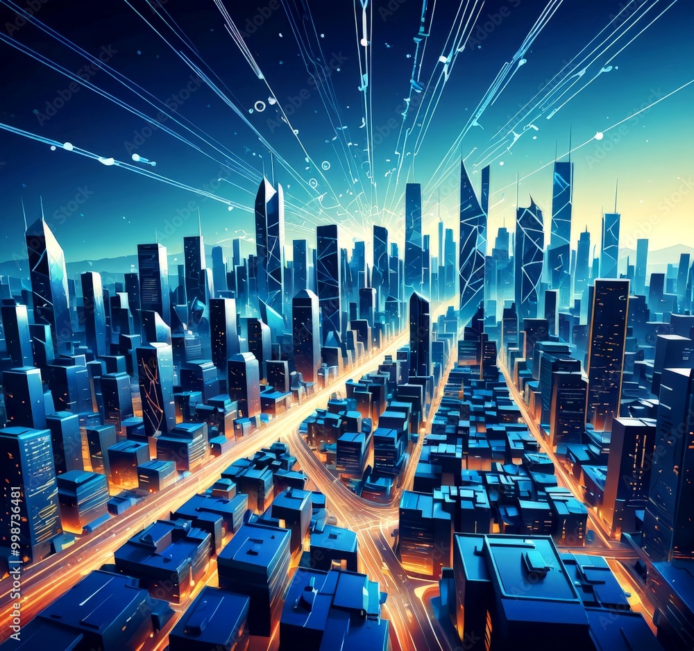 Poster a futuristic cityscape with towering skyscrapers and a network of roads and highways, illuminated by