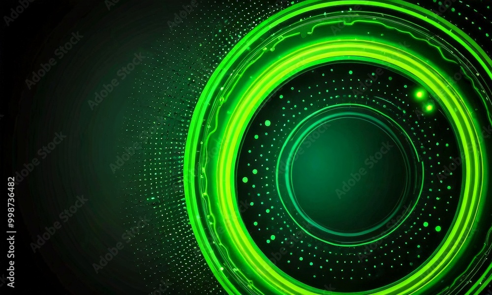 Fototapete A circular interface with a dark background and a glowing green ring in the center, surrounded by a pattern of small dots