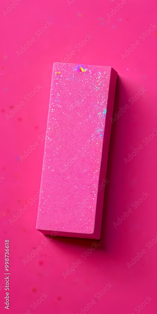 Poster A pink rectangular object with a glittery texture and a small rainbow-colored sparkle on top, set against a solid pink background