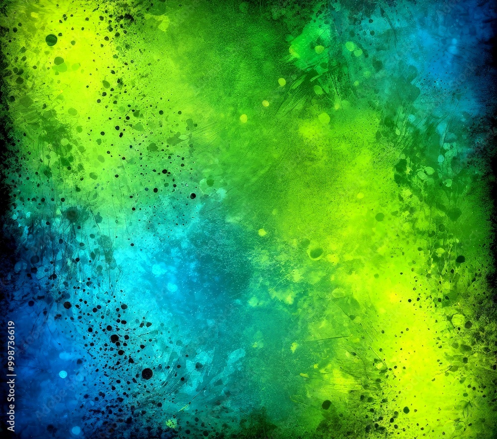 Poster a vibrant abstract background with a gradient of green and blue hues, accented by splatters of black