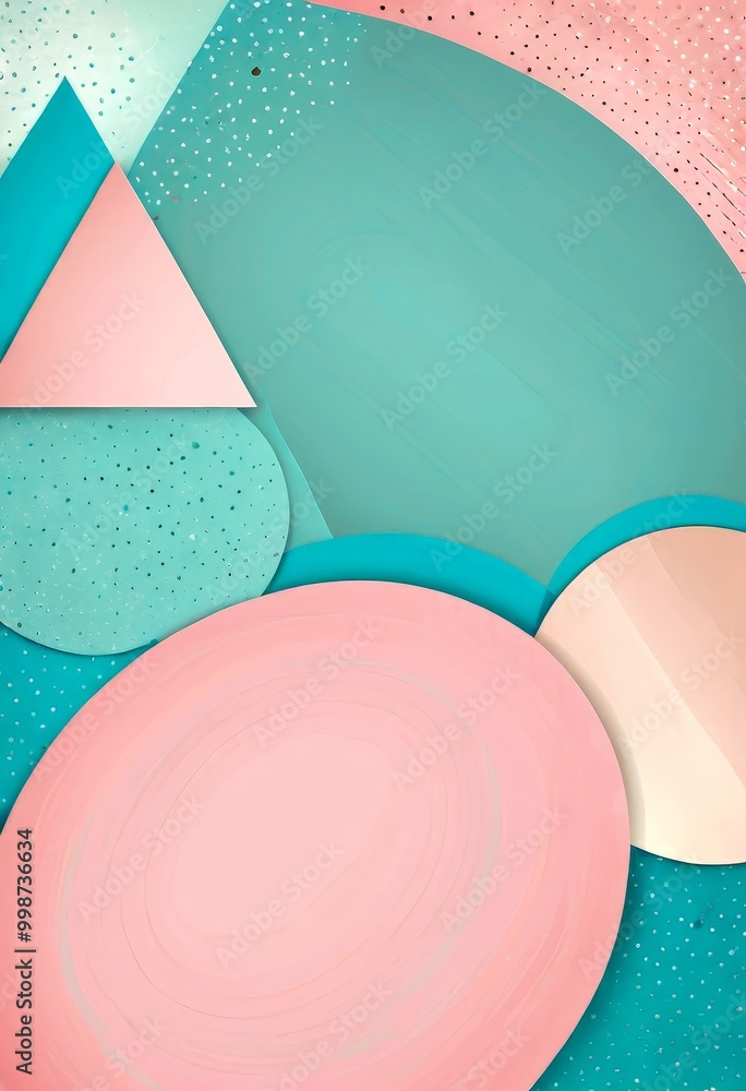 Aufkleber a vibrant abstract composition with a variety of geometric shapes and patterns in shades of pink, blue, and green The shapes include triangles, circles, and ovals, creating