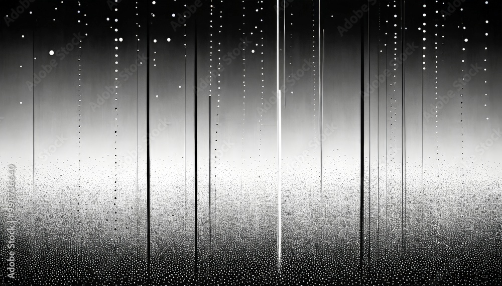 Poster a black and white photograph featuring a pattern of vertical lines and dots, creating a sense of depth and dimension