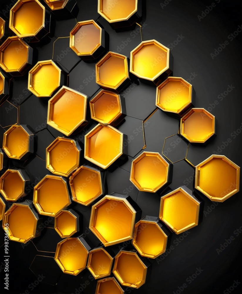 Leinwandbilder a repeating pattern of hexagonal shapes in varying shades of gold and black, arranged in a diagonal line against a black background
