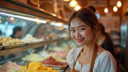 Fototapeta premium Smiling Woman Behind Ice Cream Counter in Cozy Shop