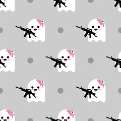 LITTLE SPOOKY GHOST IS HOLDING A GUN SEAMLESS PATTERN DESIGN