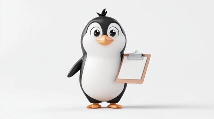Obraz premium Cute cartoon penguin holding clipboard in bright space