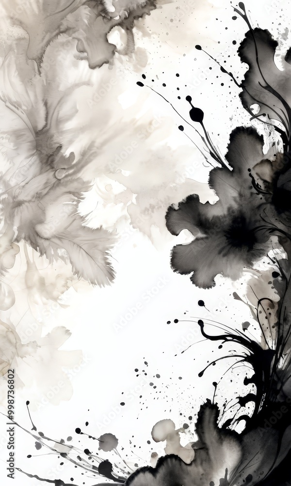 Poster a striking abstract composition of black and white ink splatters and splotches, creating a dynamic and visually captivating effect
