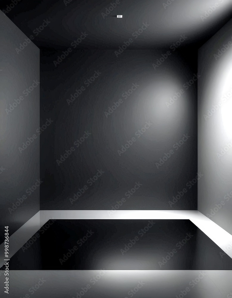 Poster a minimalist black and white room with a large, flat surface in the center, flanked by two walls on 