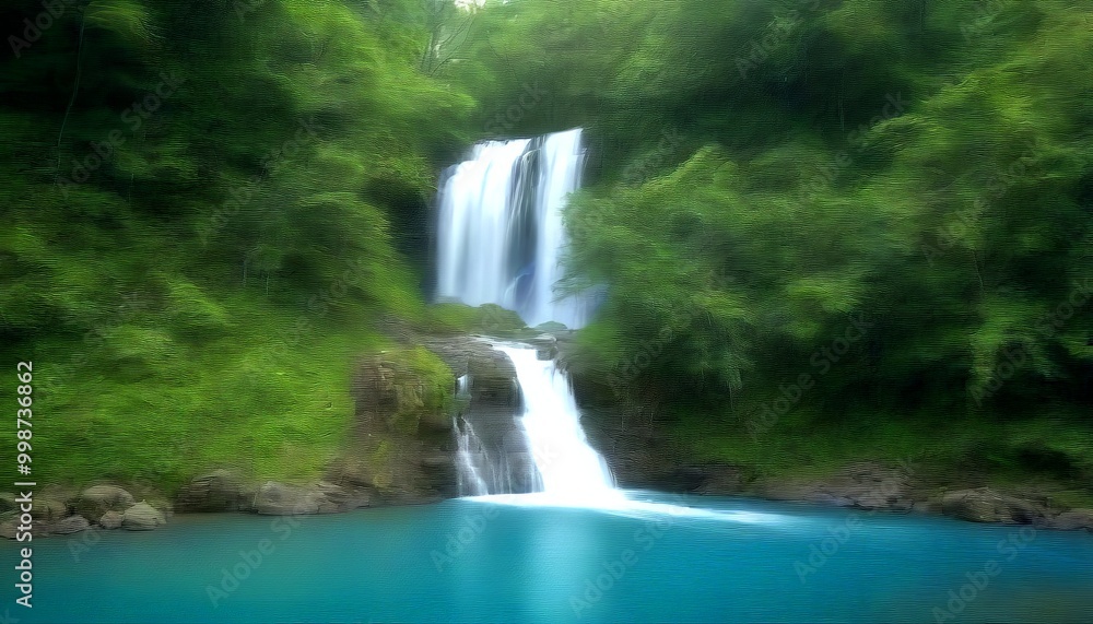 Aufkleber a serene waterfall cascades into a tranquil turquoise pool, surrounded by lush green foliage and set