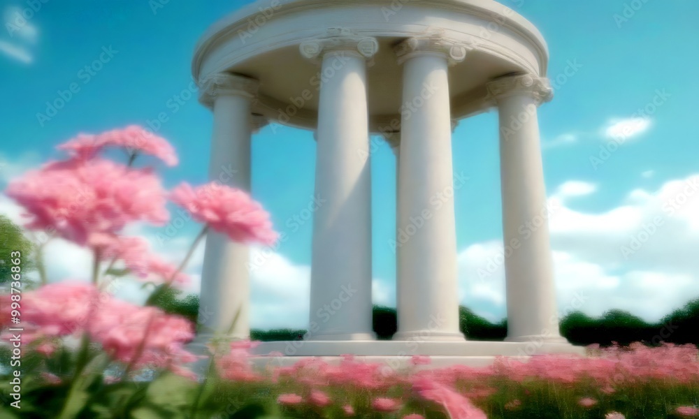 Poster a white gazebo with columns stands against a blue sky with white clouds, surrounded by pink flowers 