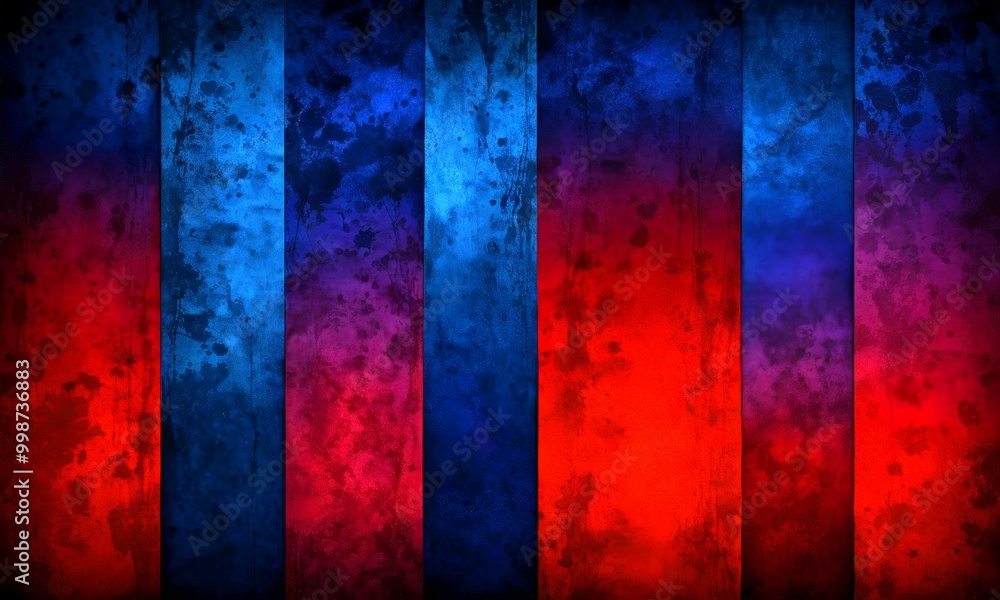 Poster a vertical arrangement of vertical stripes in varying shades of blue, red, and black, creating a dynamic and textured visual effect