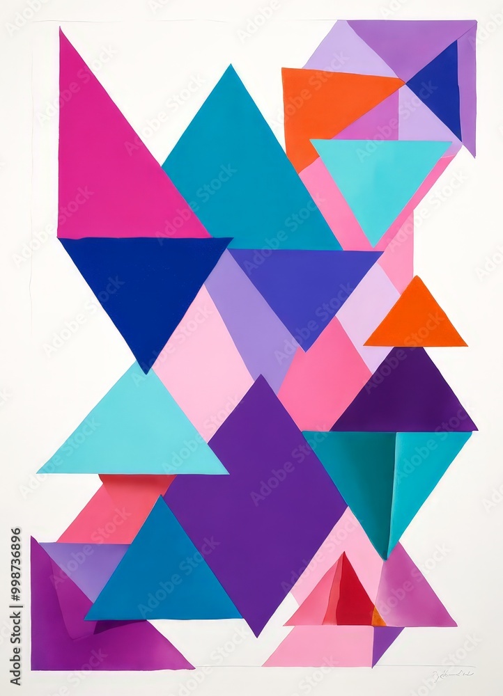 Poster an abstract composition featuring a variety of triangles in different colors and sizes, arranged in 