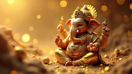 Golden Lord Ganesha Statue Surrounded by Bokeh Lights