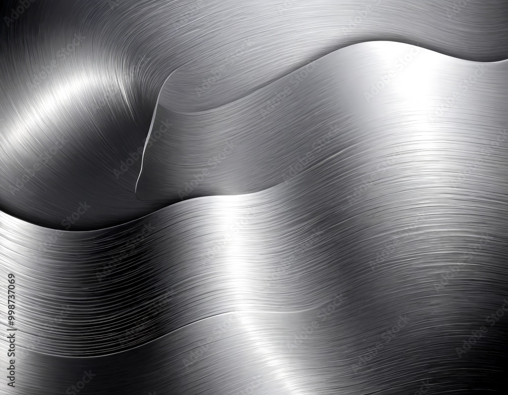 Poster a metallic surface with a repeating pattern of curved lines, creating a sense of movement and fluidity The metallic texture is predominantly silver, with subtle variations