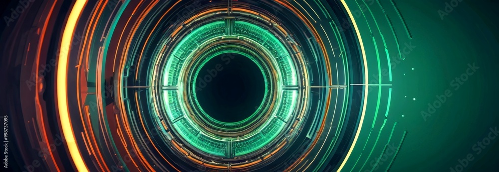 Poster a futuristic, circular design with a central black hole surrounded by concentric circles of varying 
