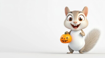 Fototapeta premium Cute Cartoon Squirrel with Halloween Pumpkin Decoration