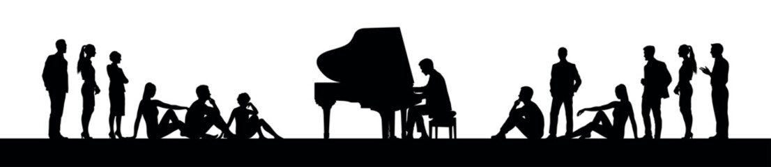 Pianist playing the piano outdoor in public space side view silhouettes illustration. Group people watching man playing grand piano vector silhouette. © Andreas