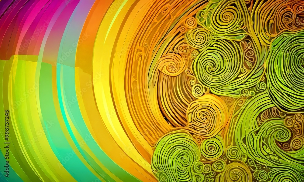 Aufkleber a vibrant abstract pattern composed of overlapping concentric circles in various shades of green, yellow, orange, and pink, creating a dynamic and visually striking composition