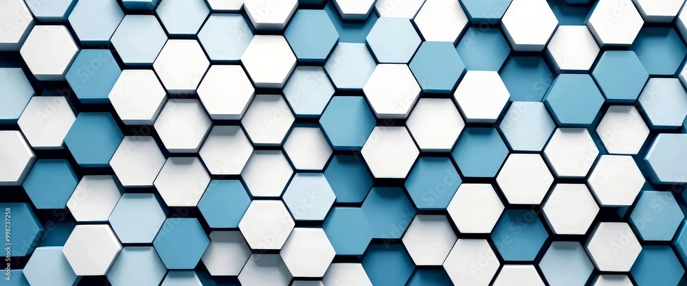 Poster A repeating pattern of white and blue hexagonal shapes, arranged in a grid-like fashion, creates a visually striking and geometric background