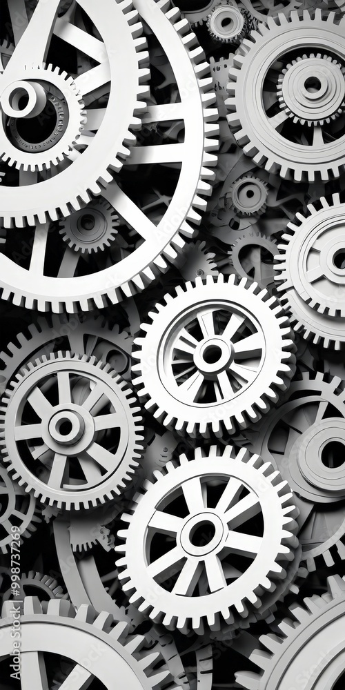 Poster A monochromatic image of a complex arrangement of gears and cogs, with a focus on the central gear.