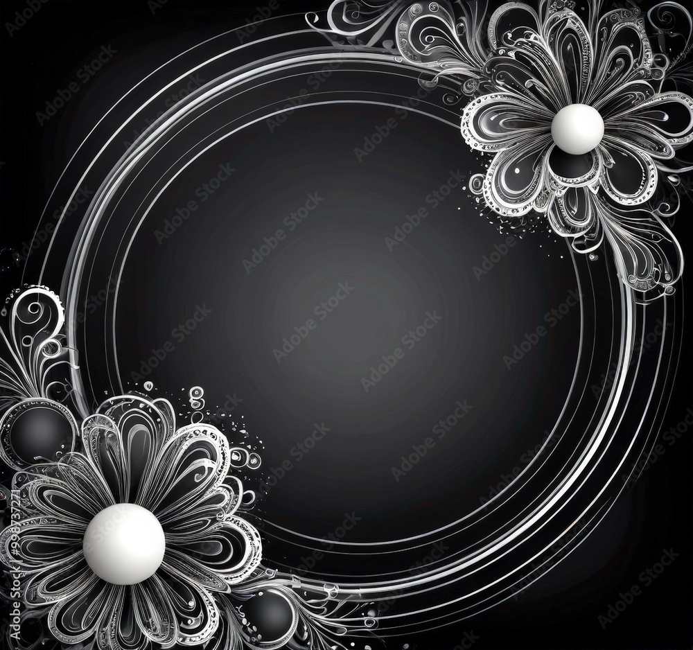 Fototapete a black and white image featuring a circular frame with two stylized flowers on either side, set aga