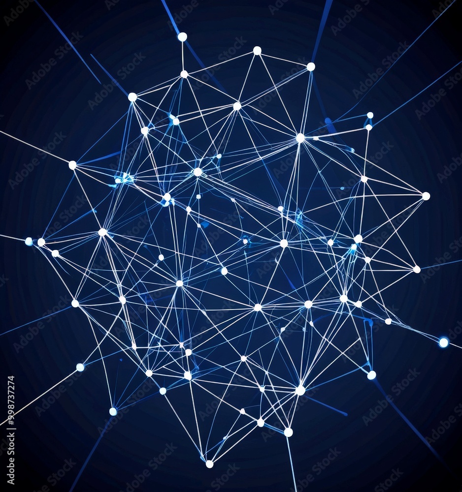 Poster a complex network of interconnected lines and dots, resembling a digital or technological structure The lines and dots are arranged in a way that creates