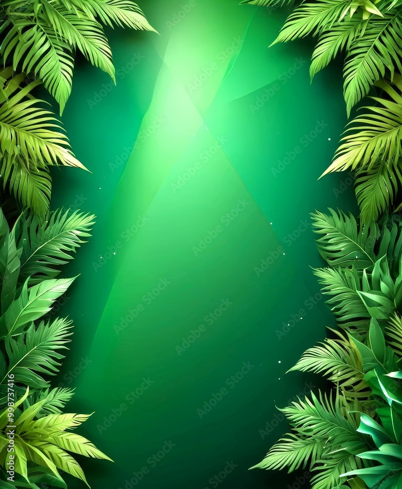 Aufkleber a vibrant green background with a triangular shape in the center, surrounded by lush tropical leaves