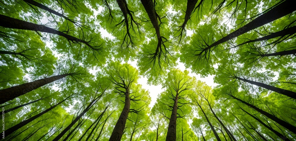 Poster a lush forest canopy stretches upwards, with the tops of trees visible in the distance, creating a s