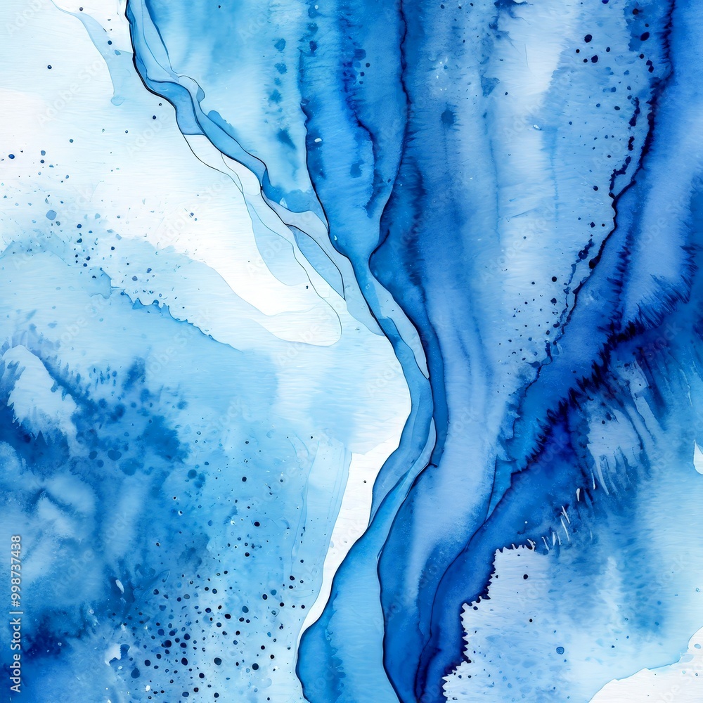 Poster an abstract watercolor painting featuring a blue and white color palette with splashes of color and 