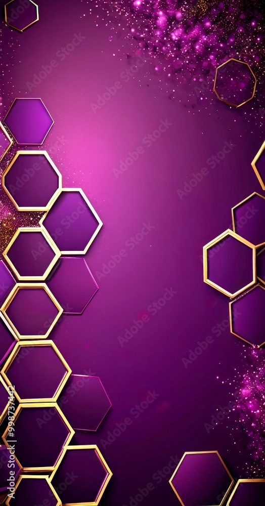 Poster a purple background with a repeating pattern of gold hexagonal shapes, creating a visually striking and symmetrical design