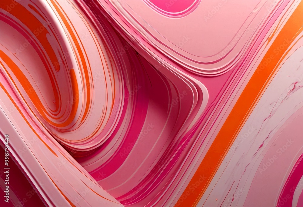 Poster a vibrant abstract composition of overlapping curved lines in shades of pink and orange, creating a 