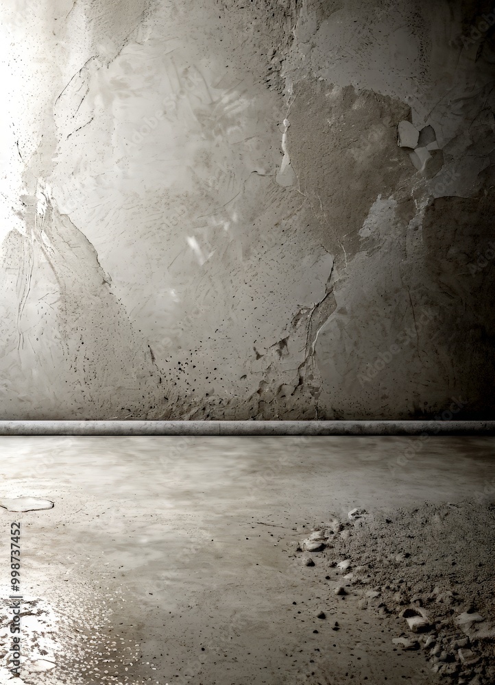 Poster a monochromatic concrete wall with a cracked and weathered surface, featuring a small amount of wate