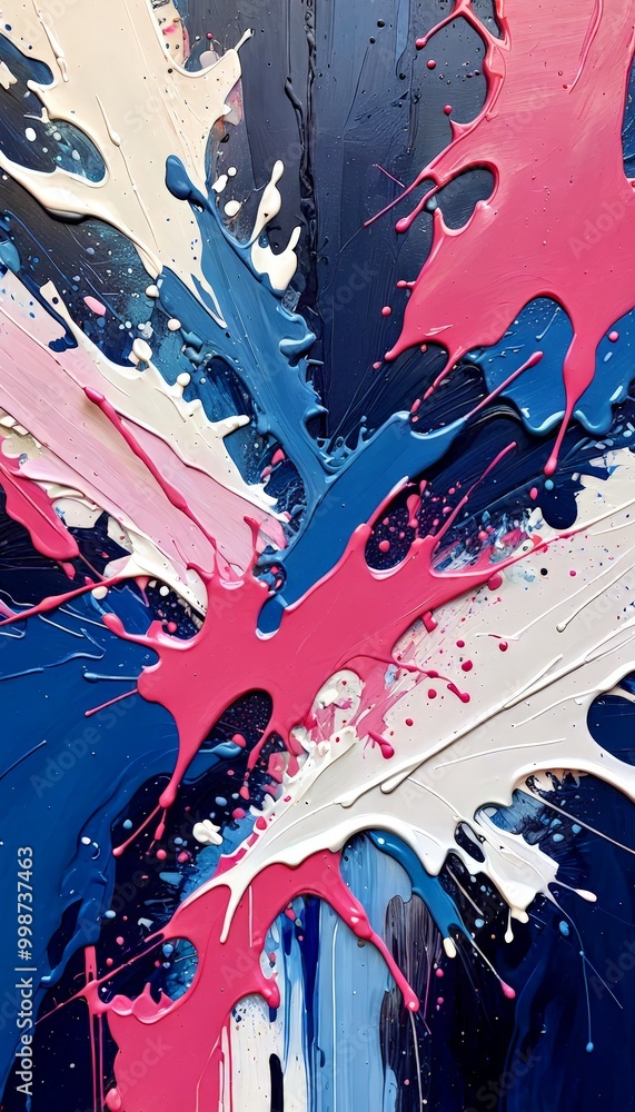 Poster an abstract painting featuring a vibrant mix of colors, including pink, blue, and white, with splash