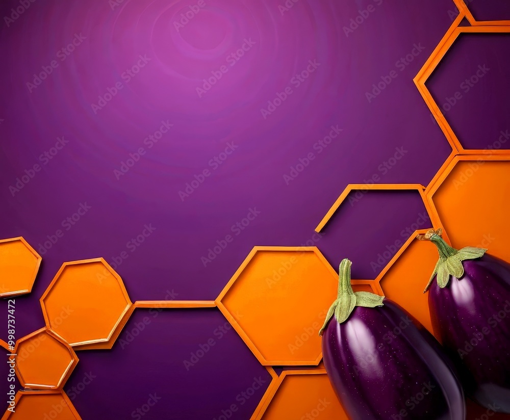 Aufkleber a vibrant purple background with a repeating pattern of orange hexagonal shapes, and two purple eggp