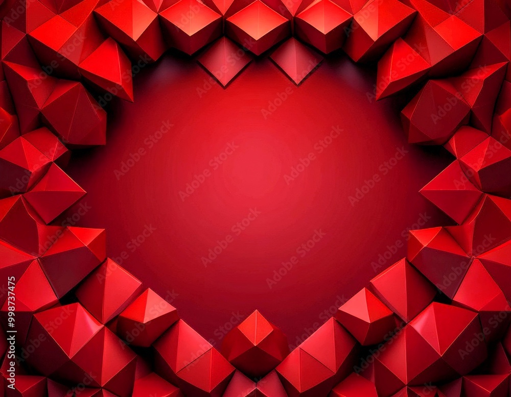 Poster a heart-shaped arrangement of red, - cubes or pyramids, with a gradient background transitioning fro