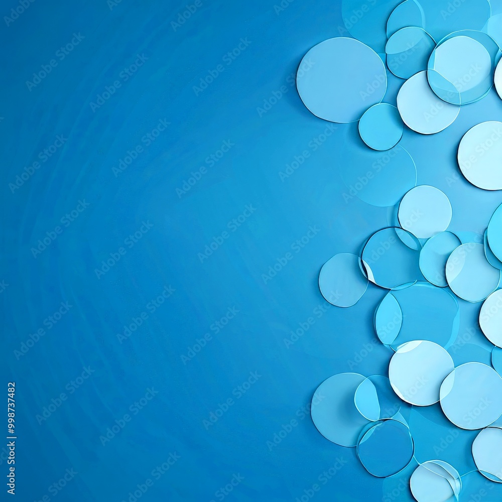 Poster a collection of overlapping circular shapes in various shades of blue, arranged diagonally against a solid blue background