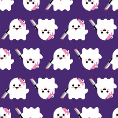 LITTLE SPOOKY GHOST IS HOLDING A KNIFE SEAMLESS PATTERN DESIGN