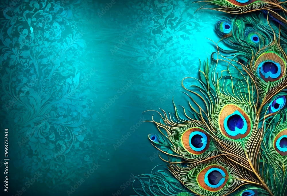 Poster a close-up view peacock feather, showcasing its intricate details and vibrant colors the feather is 