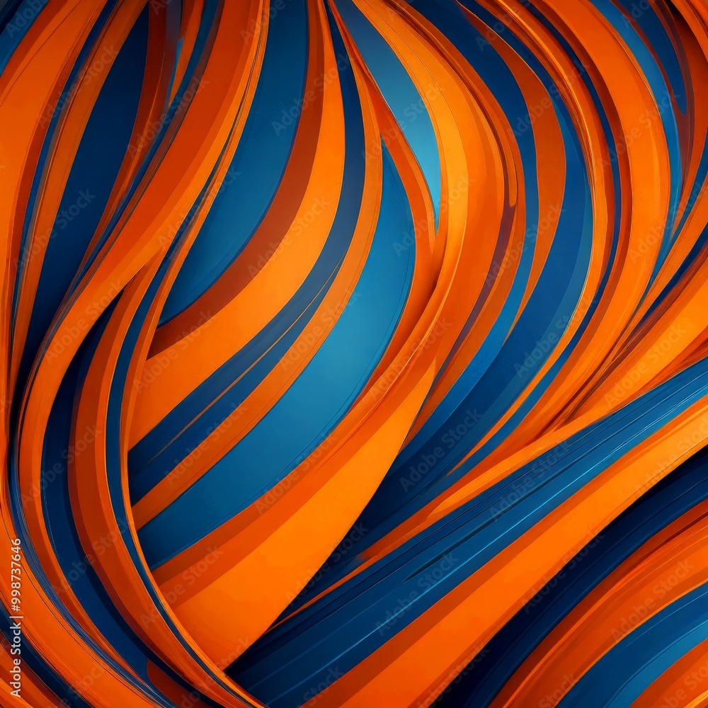 Poster a digital illustration featuring a swirling pattern of orange and blue stripes, creating a dynamic a